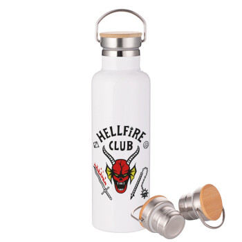 Hellfire CLub, Stranger Things, Μεταλλικό παγούρι θερμός (Stainless steel) Λευκό με ξύλινο καπάκι (bamboo), διπλού τοιχώματος, 750ml