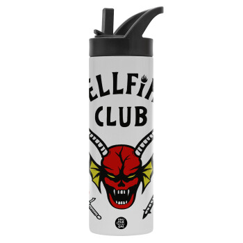 Hellfire CLub, Stranger Things, Μεταλλικό παγούρι θερμός με καλαμάκι & χειρολαβή, ανοξείδωτο ατσάλι (Stainless steel 304), διπλού τοιχώματος, 600ml