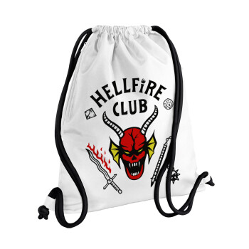 Hellfire CLub, Stranger Things, Τσάντα πλάτης πουγκί GYMBAG λευκή, με τσέπη (40x48cm) & χονδρά κορδόνια