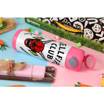 Hellfire CLub, Stranger Things, Easter candle, Childrens hot water bottle, stainless steel, with safety straw, PINK (500ml)