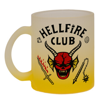 Hellfire CLub, Stranger Things, Κούπα γυάλινη δίχρωμη με βάση το κίτρινο ματ, 330ml