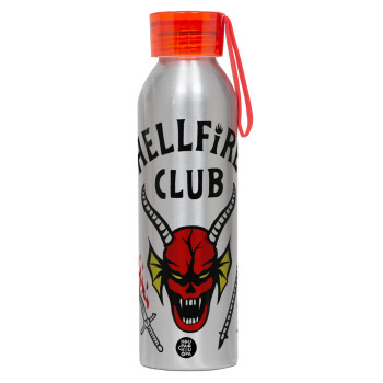 Hellfire CLub, Stranger Things, Aluminum Sports Bottle 650ml – Silver with Red Cap and Silicone Strap
