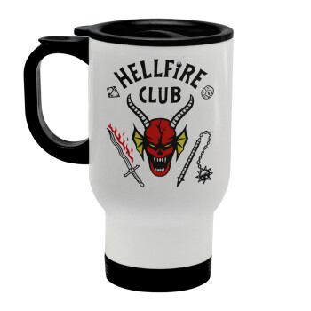 Hellfire CLub, Stranger Things, Κούπα ταξιδιού ανοξείδωτη με καπάκι, διπλού τοιχώματος (θερμό) λευκή 450ml