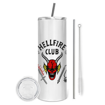 Hellfire CLub, Stranger Things, Eco friendly ποτήρι θερμό (tumbler) από ανοξείδωτο ατσάλι 600ml, με μεταλλικό καλαμάκι & βούρτσα καθαρισμού