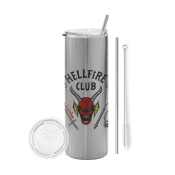 Hellfire CLub, Stranger Things, Eco friendly ποτήρι θερμό Ασημένιο (tumbler) από ανοξείδωτο ατσάλι 600ml, με μεταλλικό καλαμάκι & βούρτσα καθαρισμού