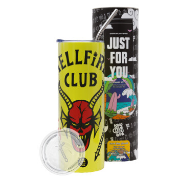 Hellfire CLub, Stranger Things, Neon Yellow Travel Tumbler θερμό, μεταλλικό καλαμάκι(Ανωξείδωτο 304 Food grade, BPA free, 600ml)