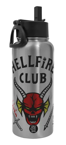 Hellfire CLub — Μεταλλικό παγούρι θερμός Silver με καλαμάκι και χερούλι (Stainless steel), διπλού τοιχώματος, 950ml