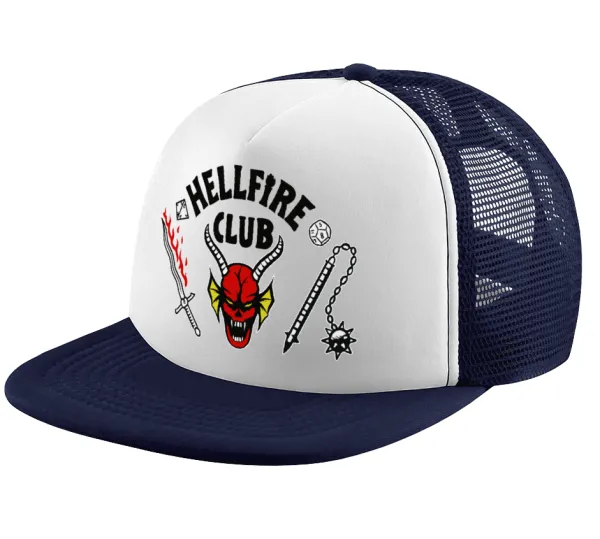 Hellfire CLub — Adult Soft Trucker Hat with Dark Blue/White Mesh (POLYESTER, ADULT, UNISEX, ONE SIZE)
