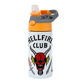 Hellfire CLub, Stranger Things, Παιδικό παγούρι θερμό, ανοξείδωτο, με καλαμάκι ασφαλείας, Πορτοκαλί/Γκρι (360ml) BPA-FREE