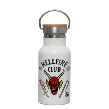 Hellfire CLub, Stranger Things, Μεταλλικό παγούρι θερμός (Stainless steel) Λευκό με ξύλινο καπακι (bamboo), διπλού τοιχώματος, 350ml