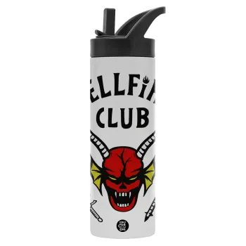 Hellfire CLub, Stranger Things, Μεταλλικό παγούρι θερμός με καλαμάκι & χειρολαβή, ανοξείδωτο ατσάλι (Stainless steel 304), διπλού τοιχώματος, 600ml