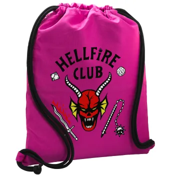 Hellfire CLub, Stranger Things, Τσάντα πλάτης πουγκί GYMBAG Φούξια, με τσέπη (40x48cm) & χονδρά κορδόνια
