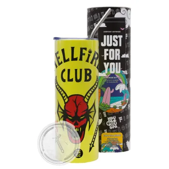 Hellfire CLub, Stranger Things, Neon Yellow Travel Tumbler θερμό, μεταλλικό καλαμάκι(Ανωξείδωτο 304 Food grade, BPA free, 600ml)