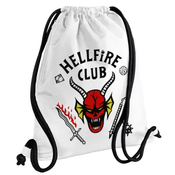 Hellfire CLub, Stranger Things, Τσάντα πλάτης πουγκί GYMBAG λευκή, με τσέπη (40x48cm) & χονδρά κορδόνια