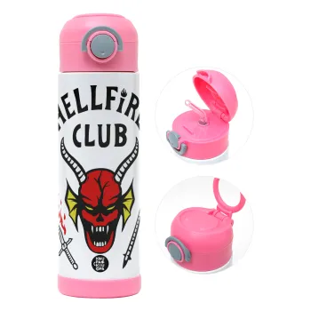 Hellfire CLub, Stranger Things, Children's hot water bottle, stainless steel, with safety straw, PINK (500ml)