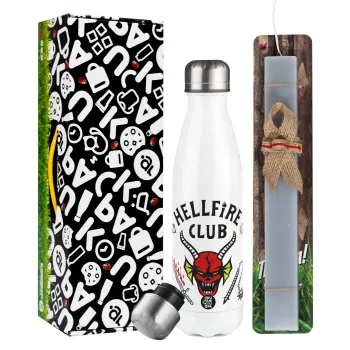 Hellfire CLub, Stranger Things, Easter candle, metallic white thermos bottle (500ml) & aromatic flat candle (30cm) (GRAY)
