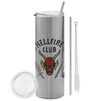Hellfire CLub, Stranger Things, Tumbler ποτήρι θερμό Ασημένιο από ανοξείδωτο ατσάλι 600ml, με μεταλλικό καλαμάκι & βούρτσα καθαρισμού