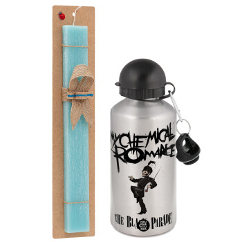 My Chemical Romance Black Parade, Easter Set, metallic silver aluminum water bottle (500ml) & scented flat Easter candle (30cm) (TURQUOISE)