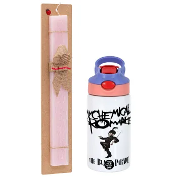 My Chemical Romance Black Parade, Easter Set, Children's thermal stainless steel water bottle with safety straw, pink/purple (350ml) & Easter scented flat candle (30cm) (PINK)