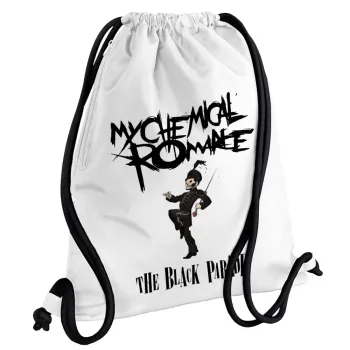 My Chemical Romance Black Parade, Τσάντα πλάτης πουγκί GYMBAG λευκή, με τσέπη (40x48cm) & χονδρά κορδόνια