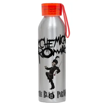 My Chemical Romance Black Parade, Αλουμινένιο Αθλητικό Μπουκάλι 650ml – Ασημί με Κόκκινο Καπάκι και Λουράκι Σιλικόνης