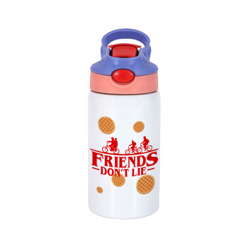 Friends Don't Lie, Stranger Things, Children's hot water bottle, stainless steel, with safety straw, pink/purple (350ml)