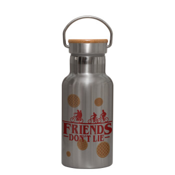 Friends Don't Lie, Stranger Things, Μεταλλικό παγούρι θερμός (Stainless steel) Ασημένιο με ξύλινο καπακι (bamboo), διπλού τοιχώματος, 350ml