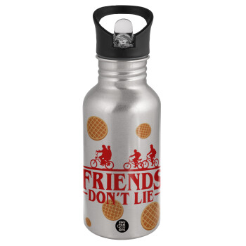 Friends Don't Lie, Stranger Things, Water bottle Silver with straw, stainless steel 500ml