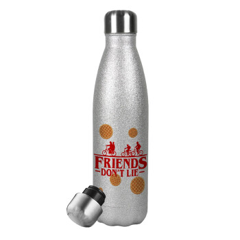 Friends Don't Lie, Stranger Things, Μεταλλικό παγούρι θερμός Glitter Aσημένιο (Stainless steel), διπλού τοιχώματος, 500ml