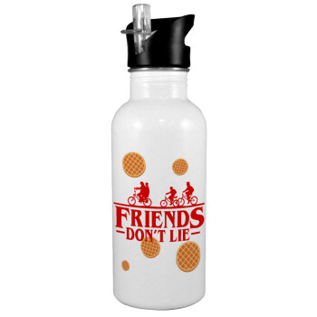 Friends Don't Lie, Stranger Things, White water bottle with straw, stainless steel 600ml