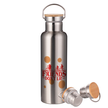 Friends Don't Lie, Stranger Things, Stainless steel Silver with wooden lid (bamboo), double wall, 750ml