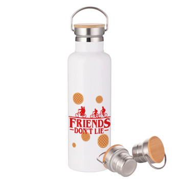 Friends Don't Lie, Stranger Things, Μεταλλικό παγούρι θερμός (Stainless steel) Λευκό με ξύλινο καπάκι (bamboo), διπλού τοιχώματος, 750ml
