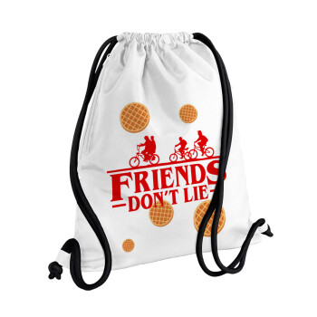 Friends Don't Lie, Stranger Things, Τσάντα πλάτης πουγκί GYMBAG λευκή, με τσέπη (40x48cm) & χονδρά κορδόνια