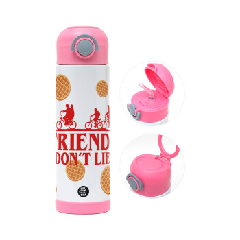 Friends Don't Lie, Stranger Things, Children's hot water bottle, stainless steel, with safety straw, PINK (500ml)