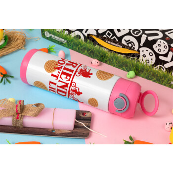 Friends Don't Lie, Stranger Things, Πασχαλινή Λαμπάδα με Παιδικό παγούρι θερμό, ανοξείδωτο, με καλαμάκι ασφαλείας, ΡΟΖ (500ml)