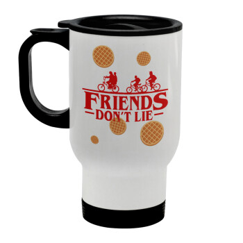 Friends Don't Lie, Stranger Things, Stainless steel travel mug with lid, double wall white 450ml