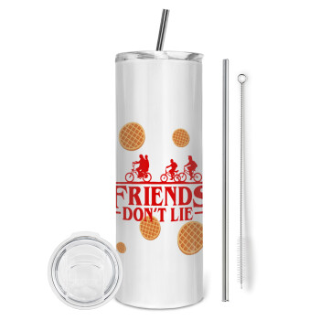 Friends Don't Lie, Stranger Things, Eco friendly ποτήρι θερμό (tumbler) από ανοξείδωτο ατσάλι 600ml, με μεταλλικό καλαμάκι & βούρτσα καθαρισμού