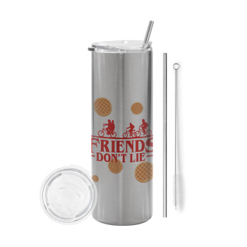 Friends Don't Lie, Stranger Things, Tumbler ποτήρι θερμό Ασημένιο από ανοξείδωτο ατσάλι 600ml, με μεταλλικό καλαμάκι & βούρτσα καθαρισμού