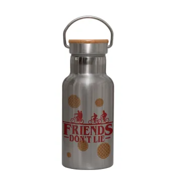 Friends Don't Lie, Stranger Things, Stainless steel metallic thermos flask, silver with a bamboo lid, double-walled, 350ml.