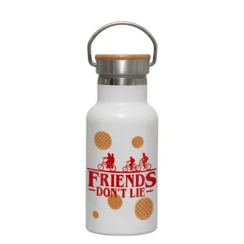 Friends Don't Lie, Stranger Things, Μεταλλικό παγούρι θερμός (Stainless steel) Λευκό με ξύλινο καπακι (bamboo), διπλού τοιχώματος, 350ml