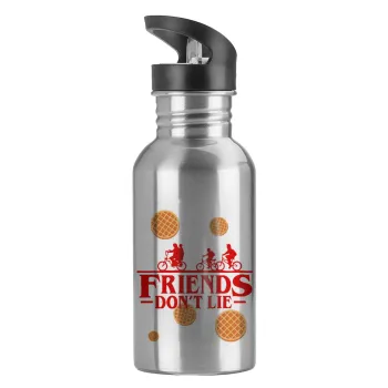 Friends Don't Lie, Stranger Things, Water bottle Silver with straw, stainless steel 600ml