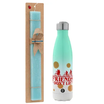 Friends Don't Lie, Stranger Things, Easter Set, Metallic green/white thermos (Stainless steel), double-walled, 500ml & scented flat Easter candle (30cm) (TURQUOISE)