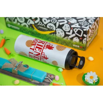 Friends Don't Lie, Stranger Things, Πασχαλινή Λαμπάδα με Travel Tumbler θερμό με διπλό καπάκι (600ml, BPA free) & κερί αρωματικό πλακέ (30cm) (ΤΙΡΚΟΥΑΖ)