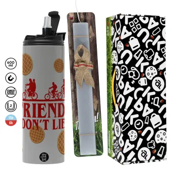 Friends Don't Lie, Stranger Things, Πασχαλινή Λαμπάδα με Travel Tumbler θερμό (600ml, BPA free) & κερί αρωματικό πλακέ (30cm) (ΓΚΡΙ)