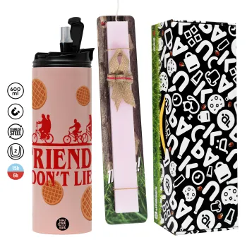 Friends Don't Lie, Stranger Things, Πασχαλινή Λαμπάδα με  ΡΟΖ Travel Tumbler θερμό (600ml, BPA free) & κερί αρωματικό πλακέ (30cm) (ΡΟΖ)