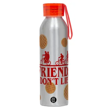 Friends Don't Lie, Stranger Things, Αλουμινένιο Αθλητικό Μπουκάλι 650ml – Ασημί με Κόκκινο Καπάκι και Λουράκι Σιλικόνης