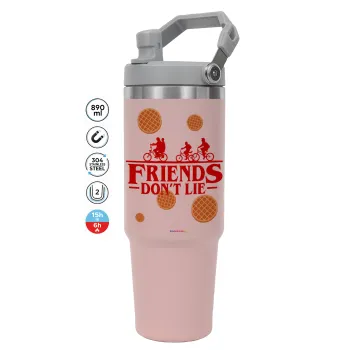 Friends Don't Lie, Stranger Things, Pink color, 890ml (30oz) stainless Steel Tumbler with Handle