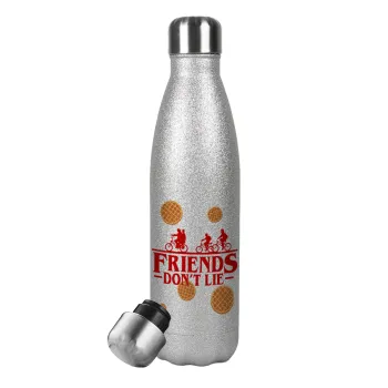 Friends Don't Lie, Stranger Things, Metallic Glitter Silver Thermos Flask (Stainless steel), double-walled, 500ml