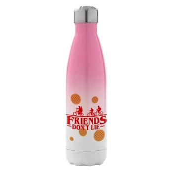 Friends Don't Lie, Stranger Things, Metal mug thermos Pink/White (Stainless steel), double wall, 500ml