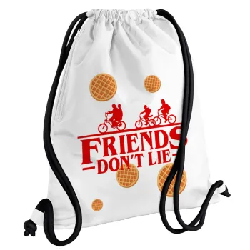 Friends Don't Lie, Stranger Things, Backpack pouch GYMBAG white, with pocket (40x48cm) & thick cords